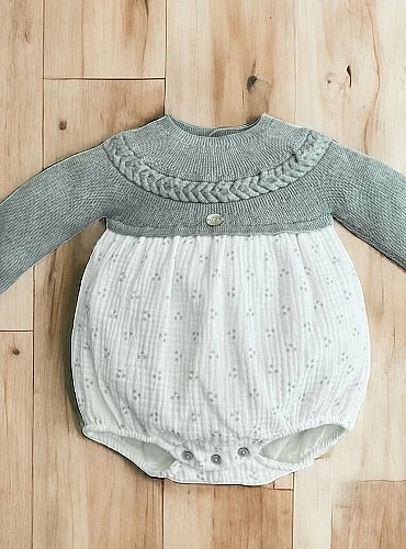 Baby boy's knitted and fabric romper, Porcelain collection