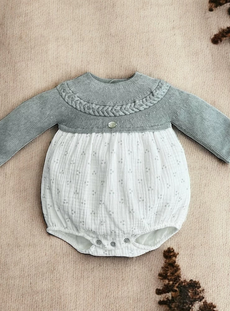 Baby boy's knitted and fabric romper, Porcelain collection