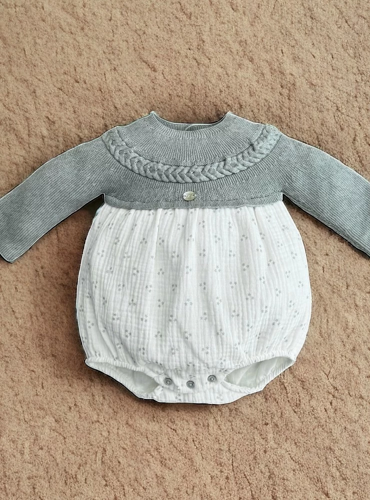 Baby boy's knitted and fabric romper, Porcelain collection