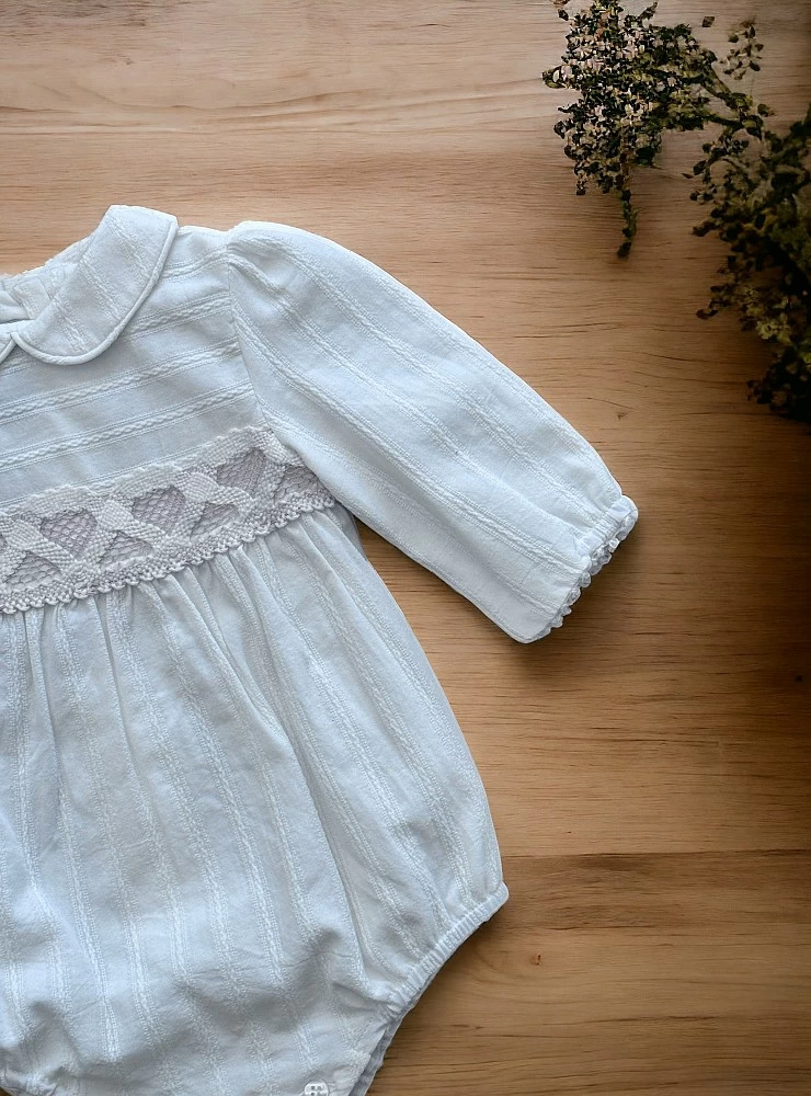 Beige and sand colored romper and bonnet set