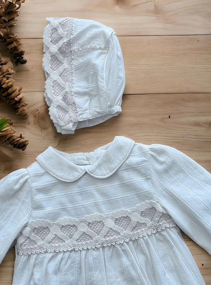 Beige and sand colored romper and bonnet set