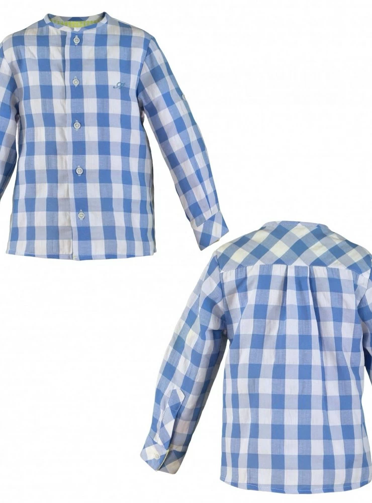 Camisa de niño en cuadros azules con detalles flúor