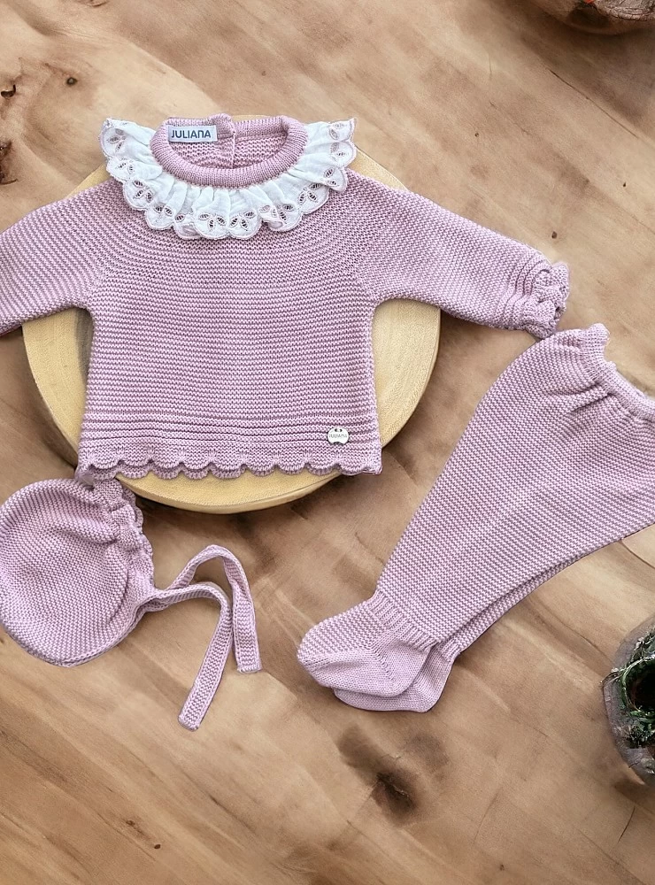 Conjunto de punto para niña rosa maquillaje. Colección suave