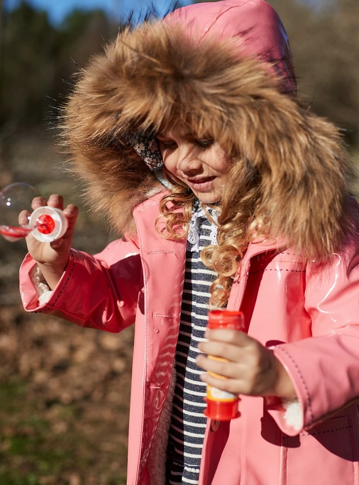 Coral patent leather coat with fur hood from Martinique