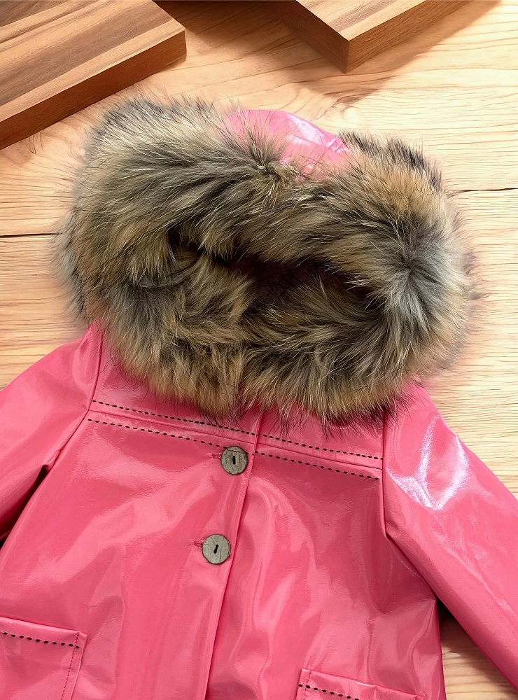 Coral patent leather coat with fur hood from Martinique