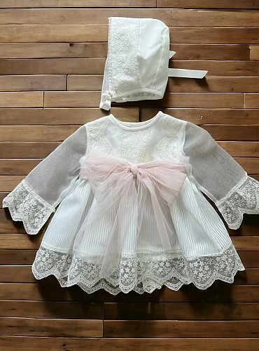 Girl's dress and bonnet with bow in two colors. Limited Edition