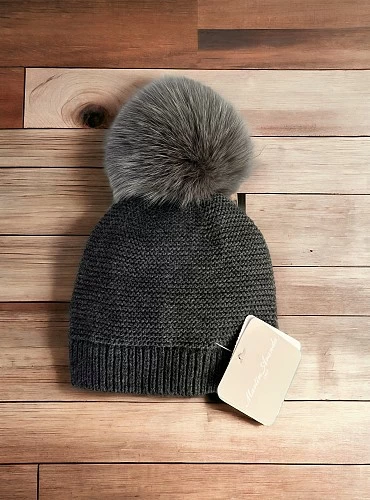 Gorro de punto unisex con pompón de pelo natural