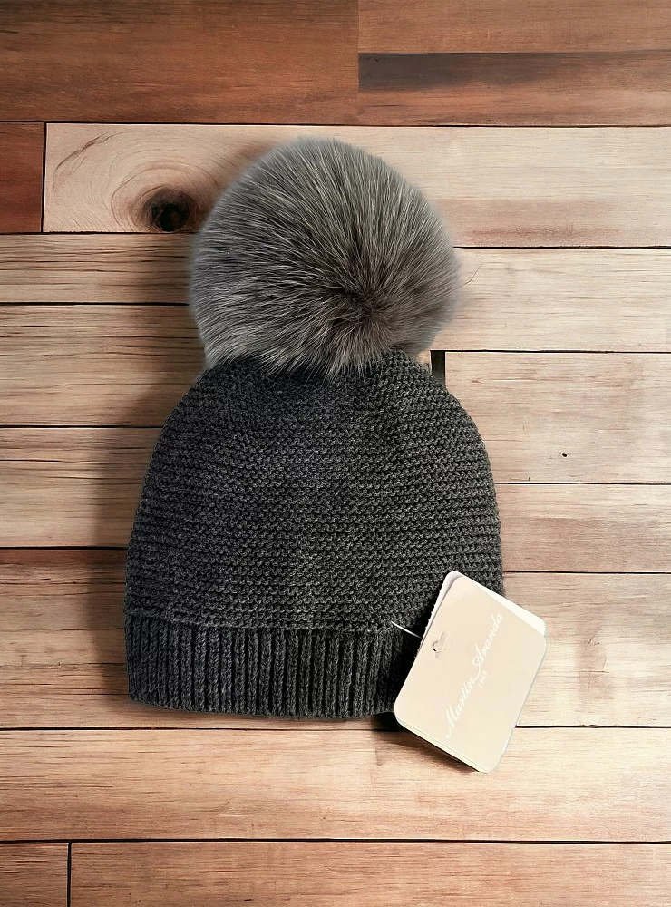 Gorro de punto unisex con pompón de pelo natural