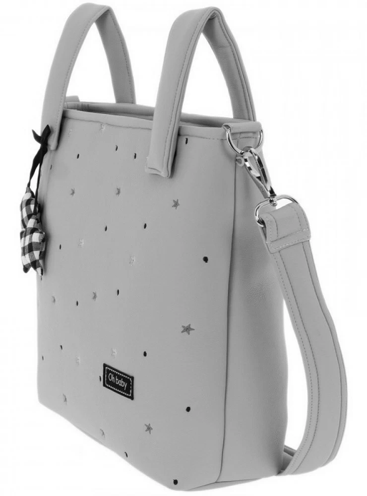 Gray faux leather satchel bag with black embroidered stars. Nuria Model