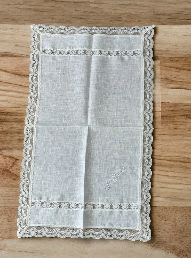 Linen towel with lace for baptism. Unisex