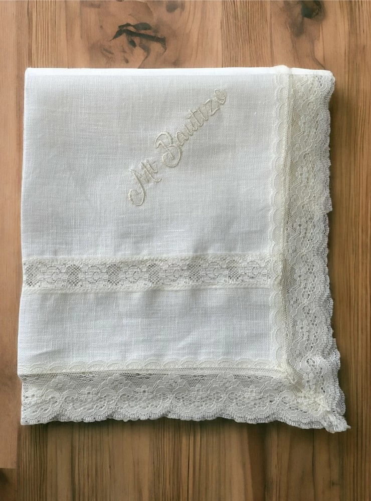 Linen towel with lace for baptism. Unisex