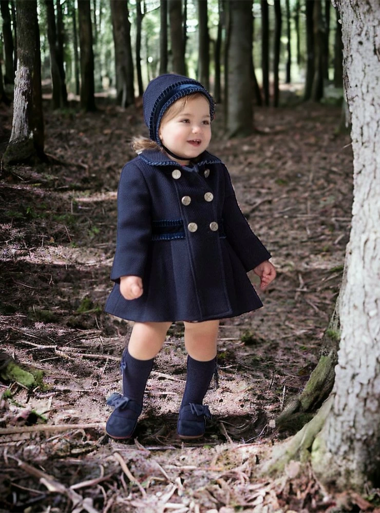 Navy coat and bonnet set for baby girl