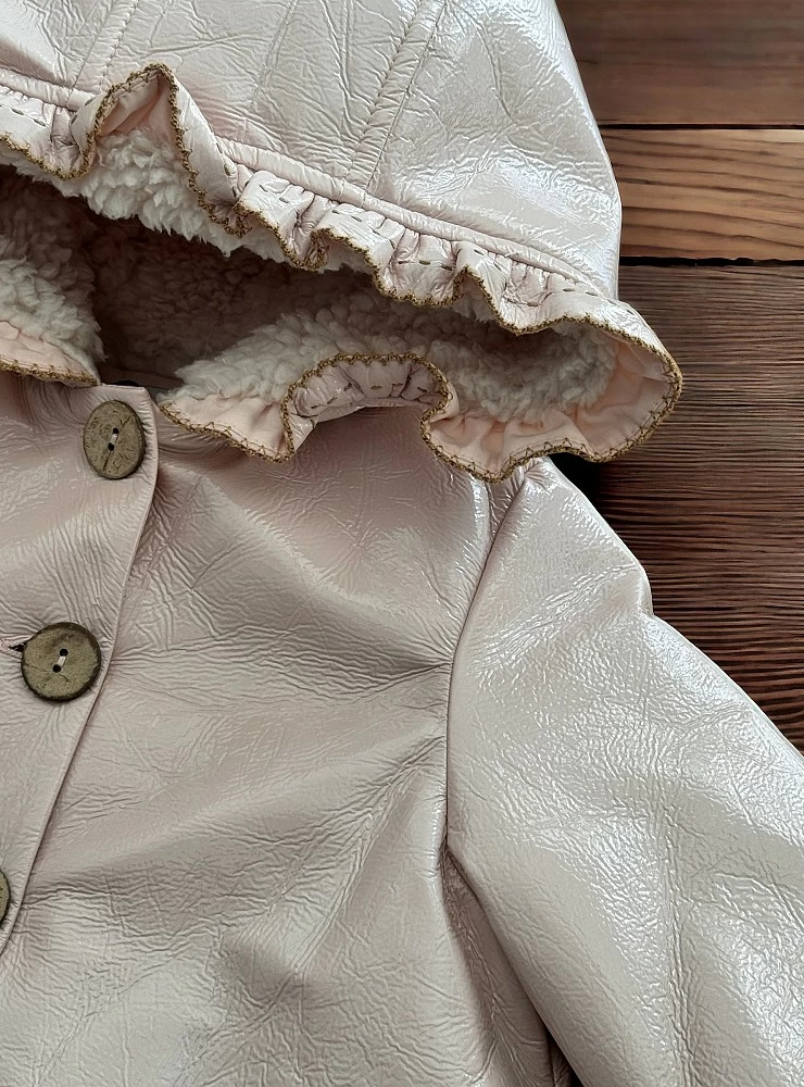 Patent leather coat with pale pink terry cloth from La Martinica