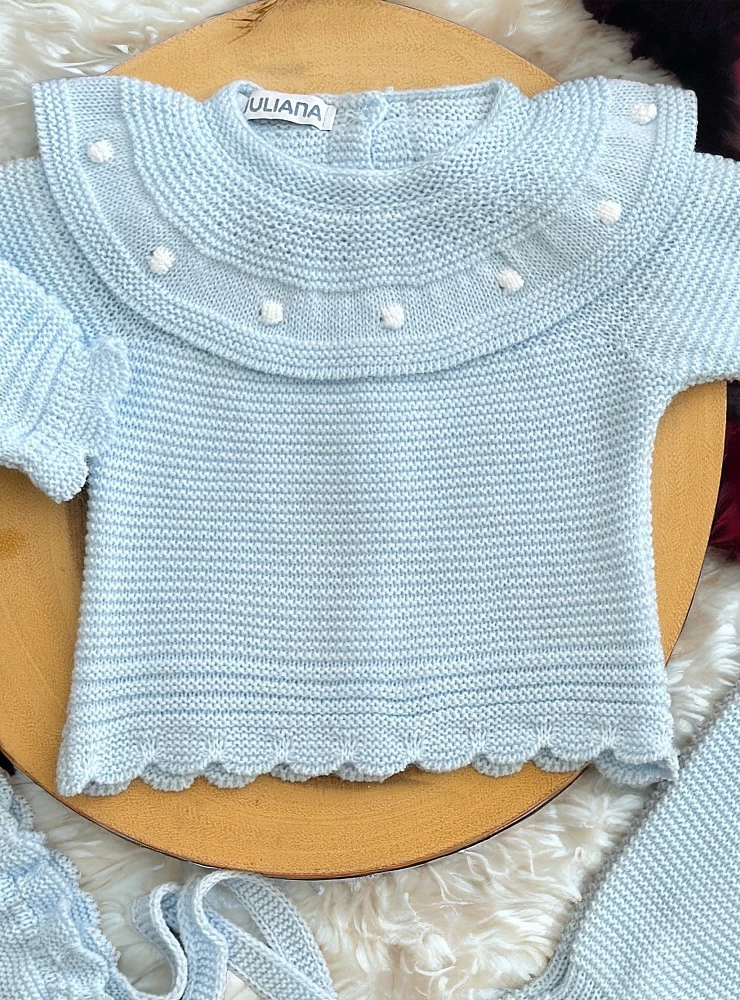 Three-piece set in baby blue chubby knit cloud collection.