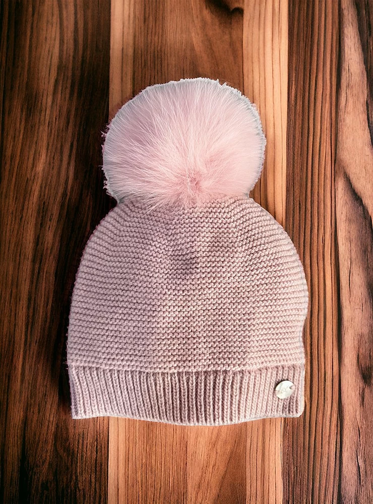 Unisex Knitted Beanie with Natural Fur Pom Pom