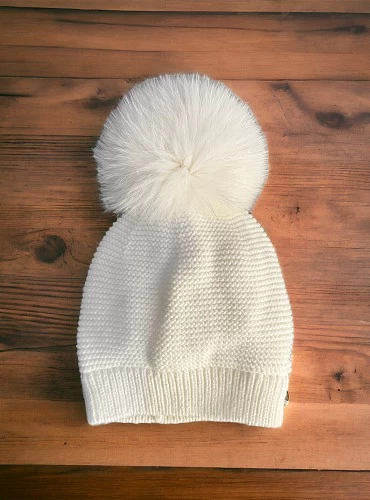 Unisex Knitted Beanie with Natural Fur Pom Pom