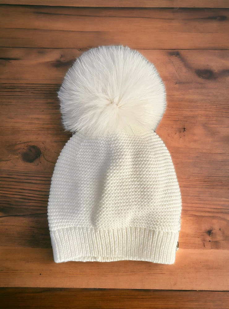 Unisex Knitted Beanie with Natural Fur Pom Pom