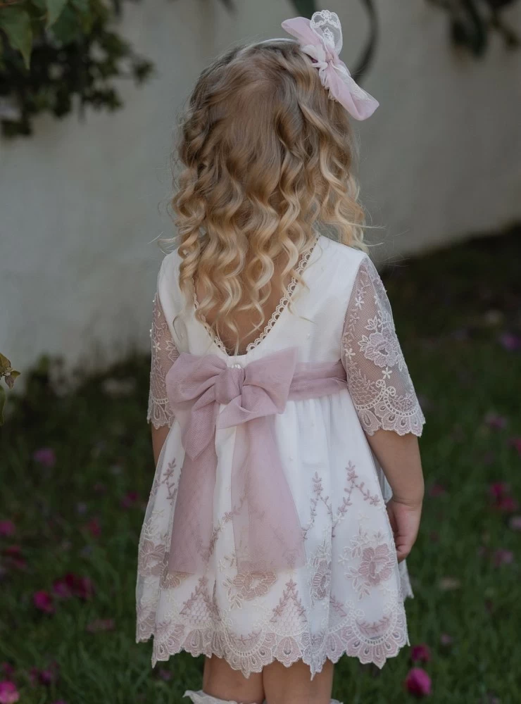 Vestido para arras o ceremonia beige con rosa empolvado