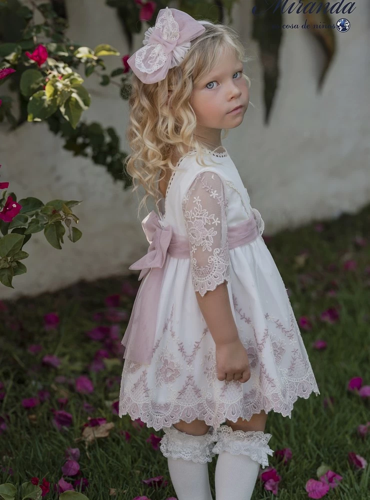 Vestido para arras o ceremonia beige con rosa empolvado