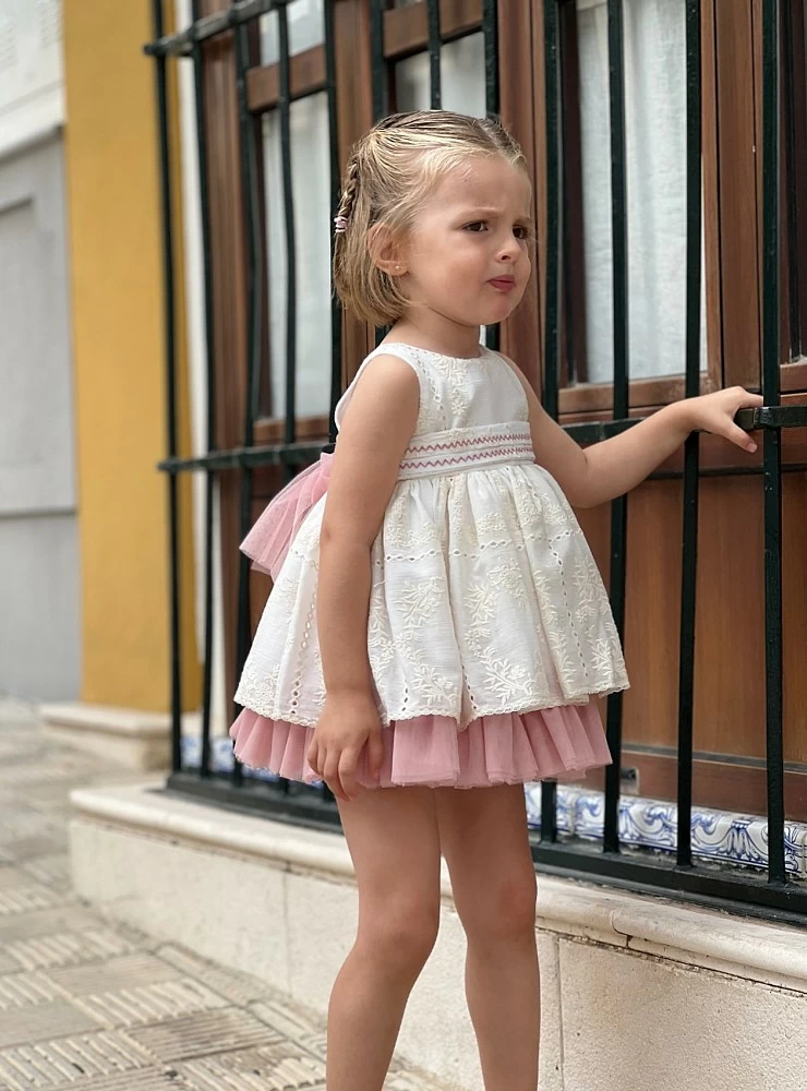 Vestido para arras o ceremonia beige con rosa empolvado