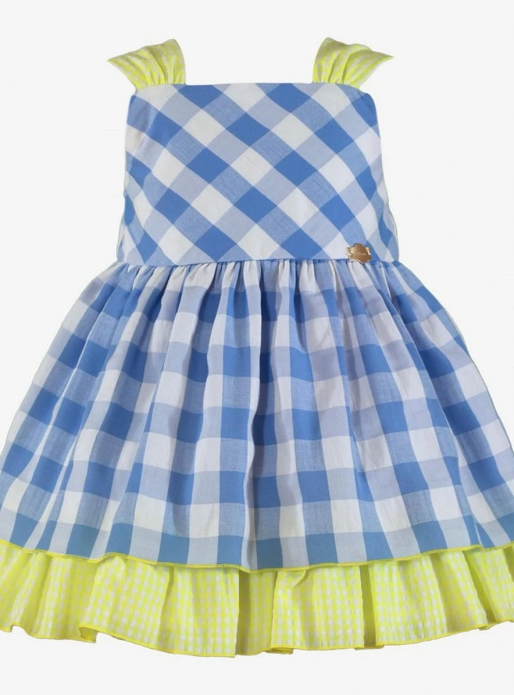 Vichy dress in blue and fluorescent.