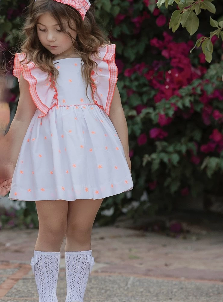 White and orange dress with stars and vichy box